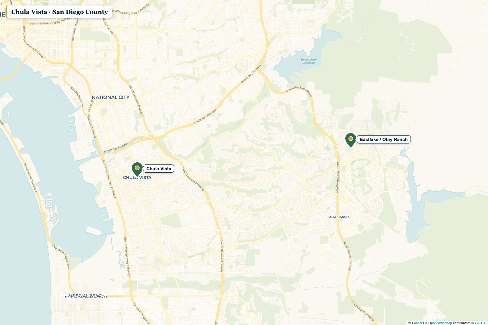 Map of San Diego County with a pin on Chula Vista
