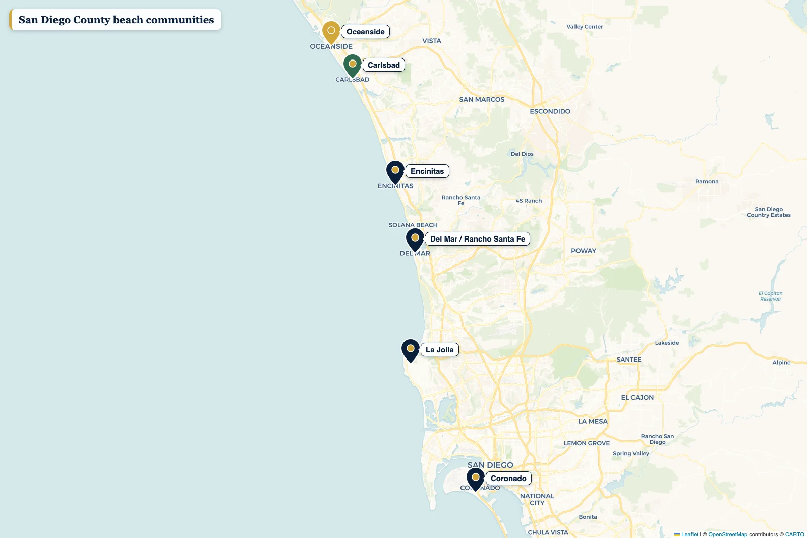 Map of the San Diego County coast with pins on Oceanside, Carlsbad, Encinitas, Del Mar, La Jolla, and Coronado