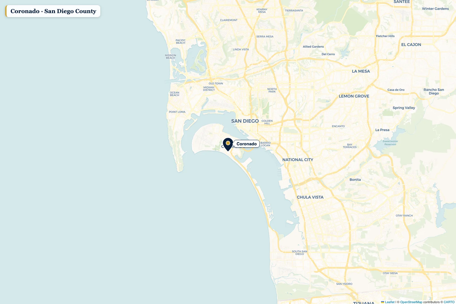 Map of San Diego County with a pin on Coronado