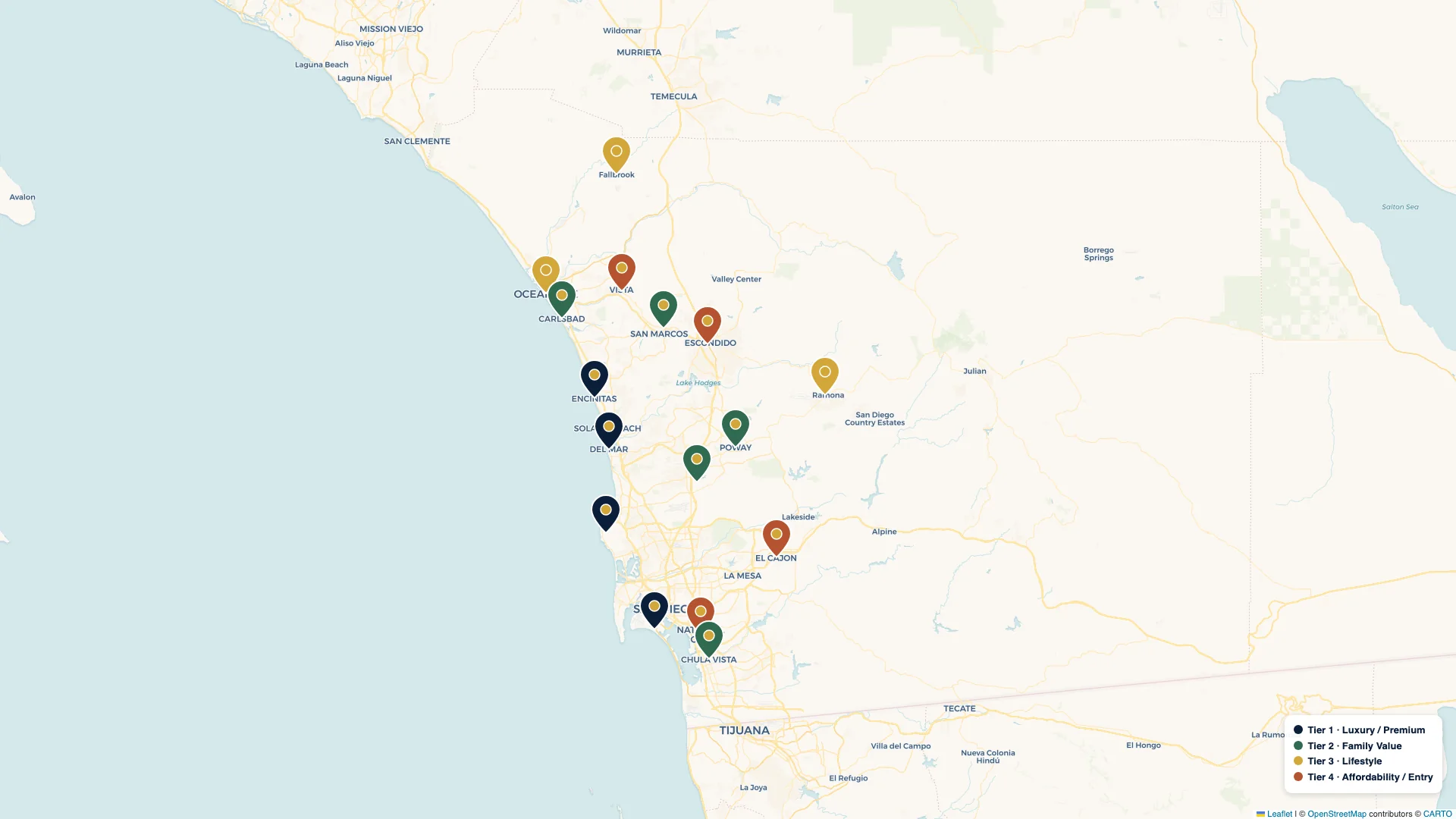 Map of San Diego County with the 16 markets on this site pinned and color-coded by tier