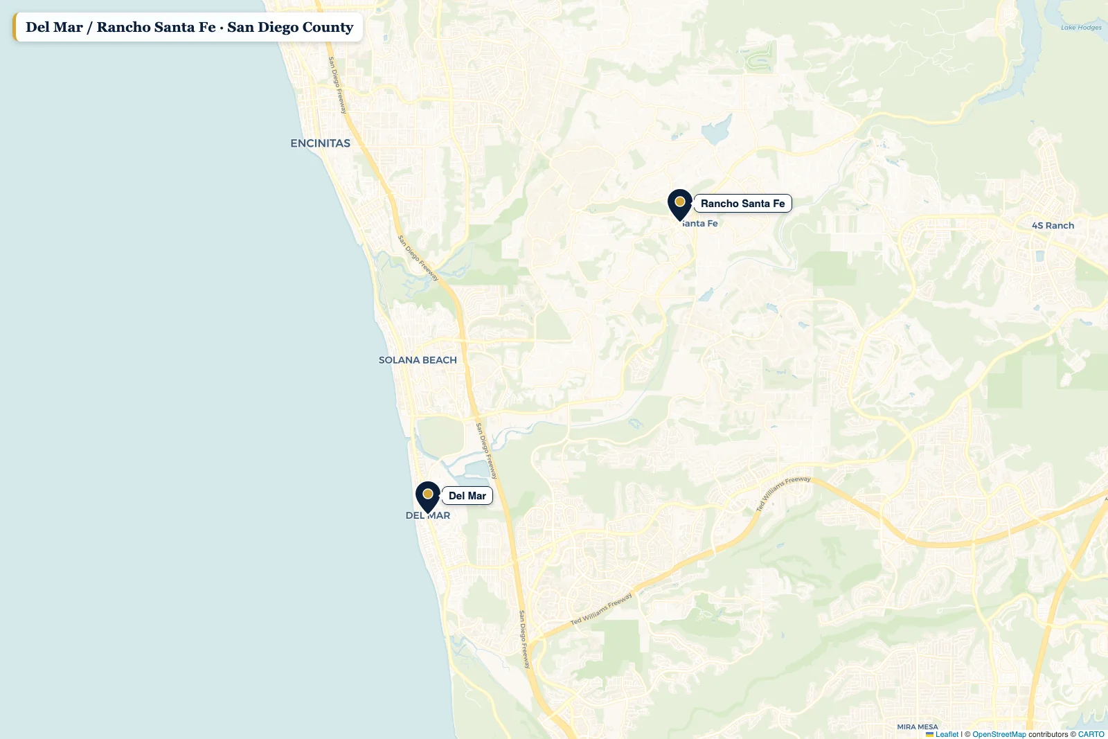 Map of San Diego County with a pin on Del Mar / Rancho Santa Fe