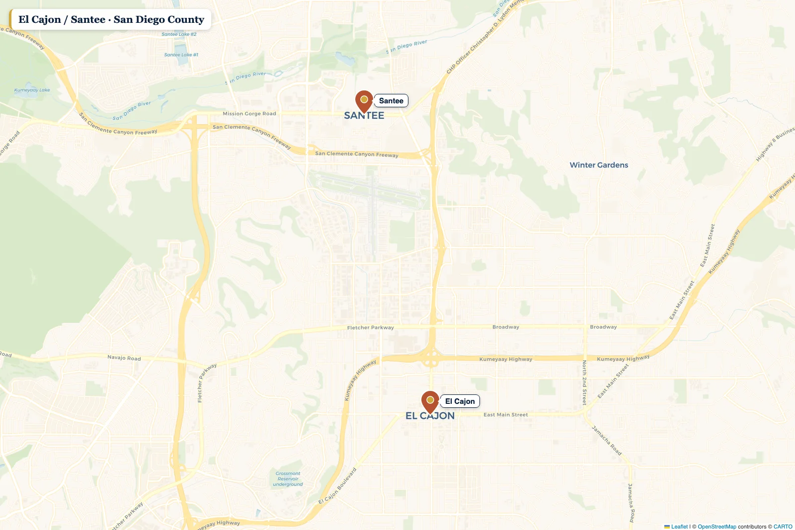 Map of San Diego County with a pin on El Cajon / Santee