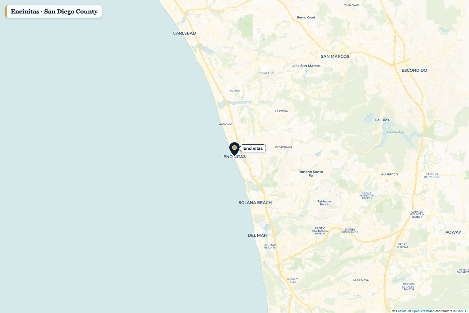 Map of San Diego County with a pin on Encinitas