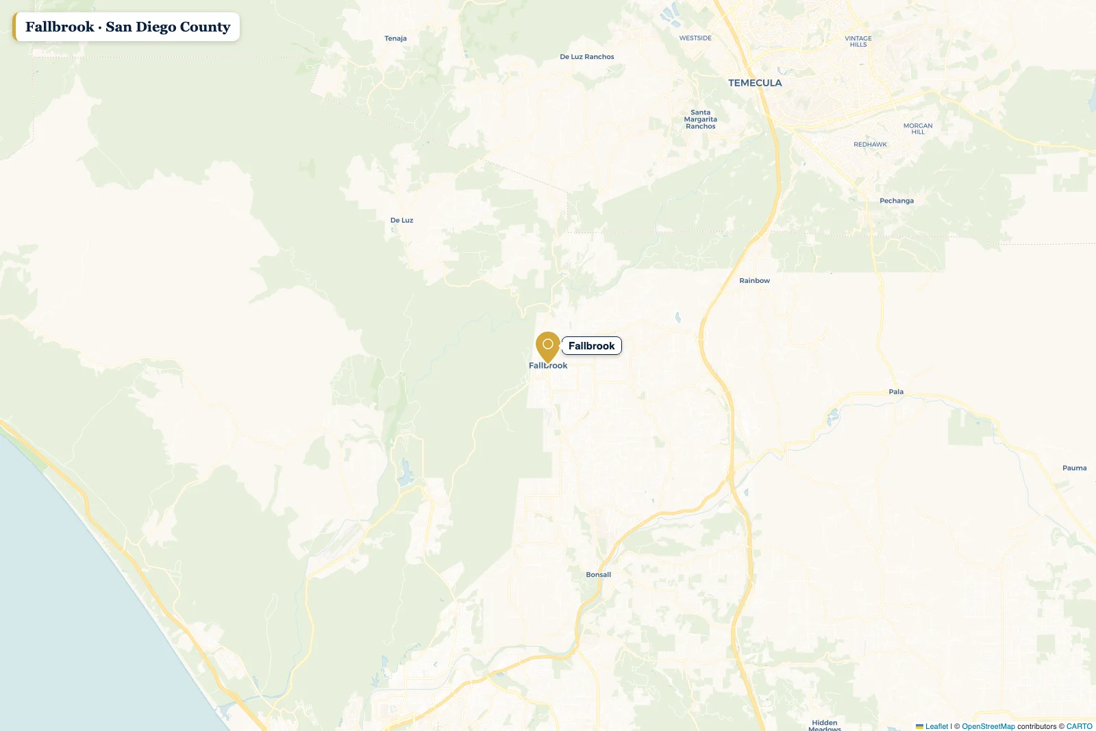Map of San Diego County with a pin on Fallbrook