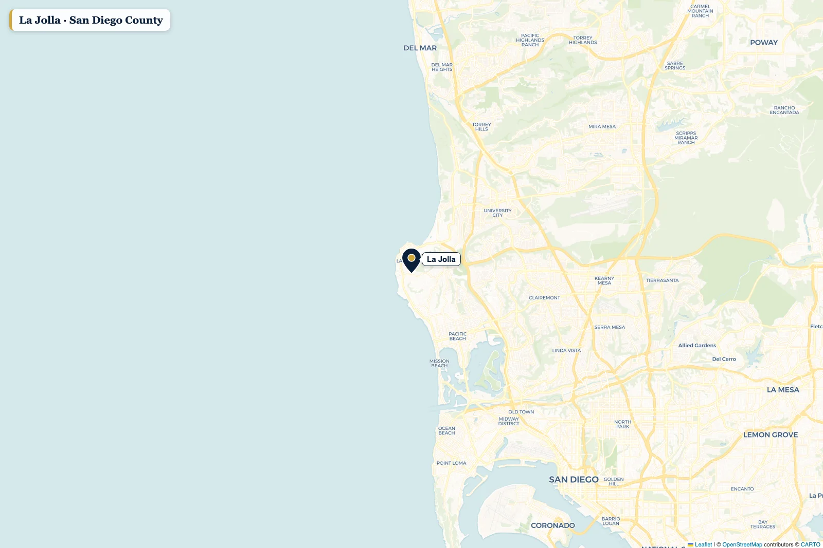 Map of San Diego County with a pin on La Jolla