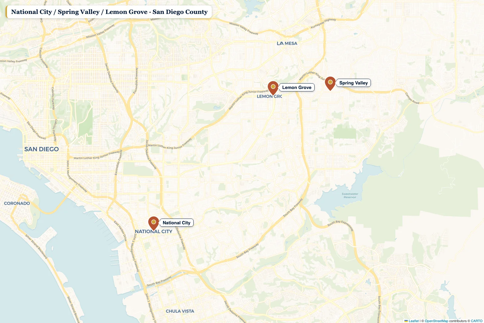 Map of San Diego County with a pin on National City / Spring Valley / Lemon Grove