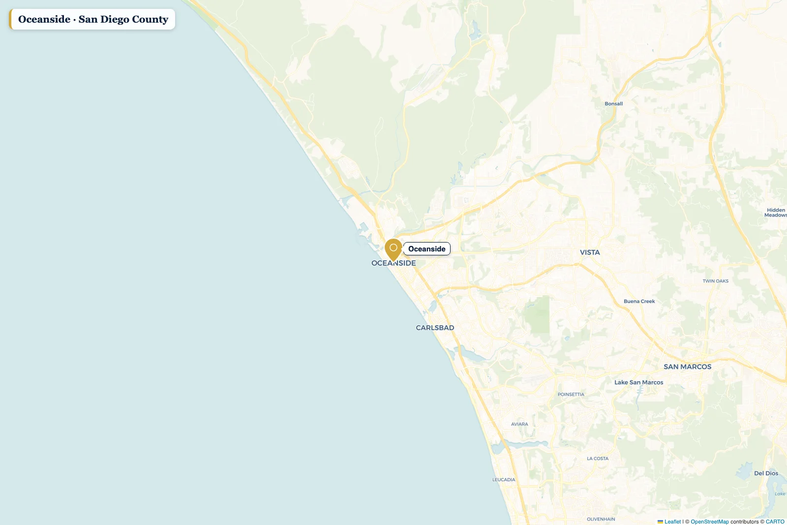 Map of San Diego County with a pin on Oceanside