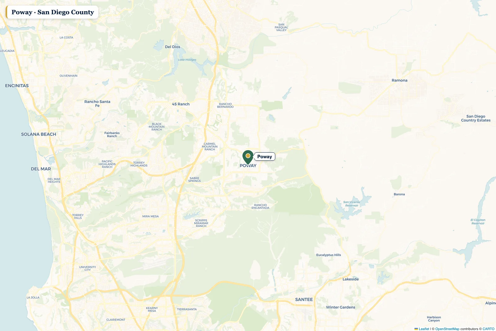 Map of San Diego County with a pin on Poway