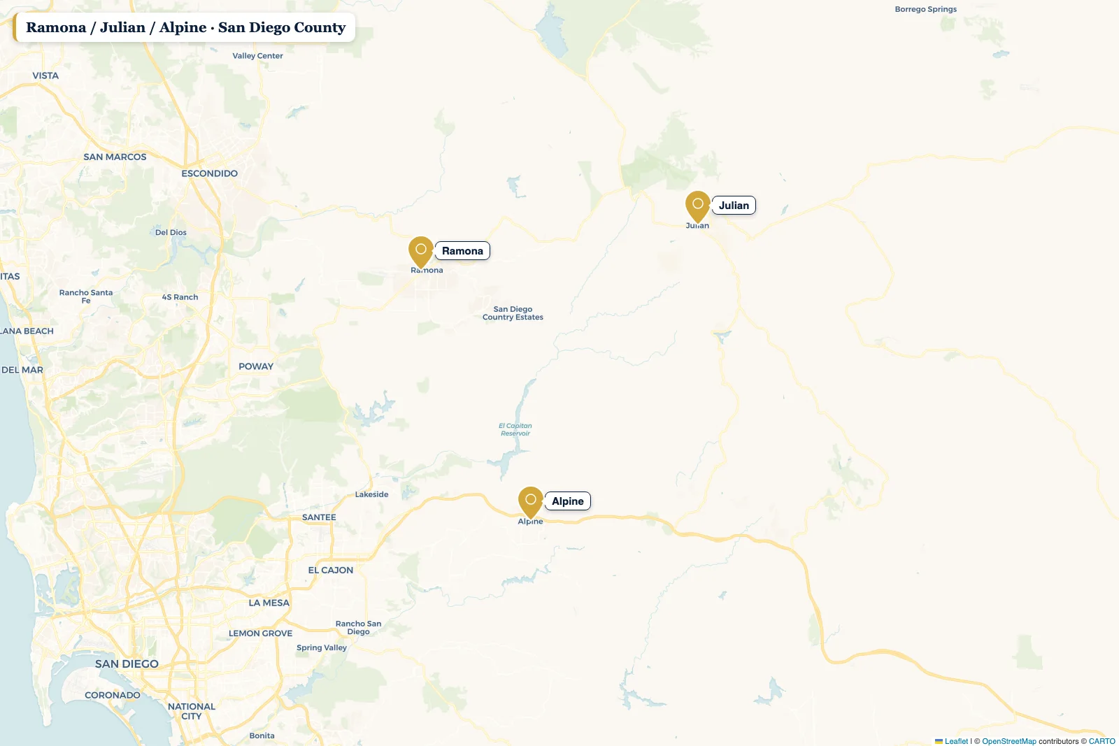 Map of San Diego County with a pin on Ramona / Julian / Alpine