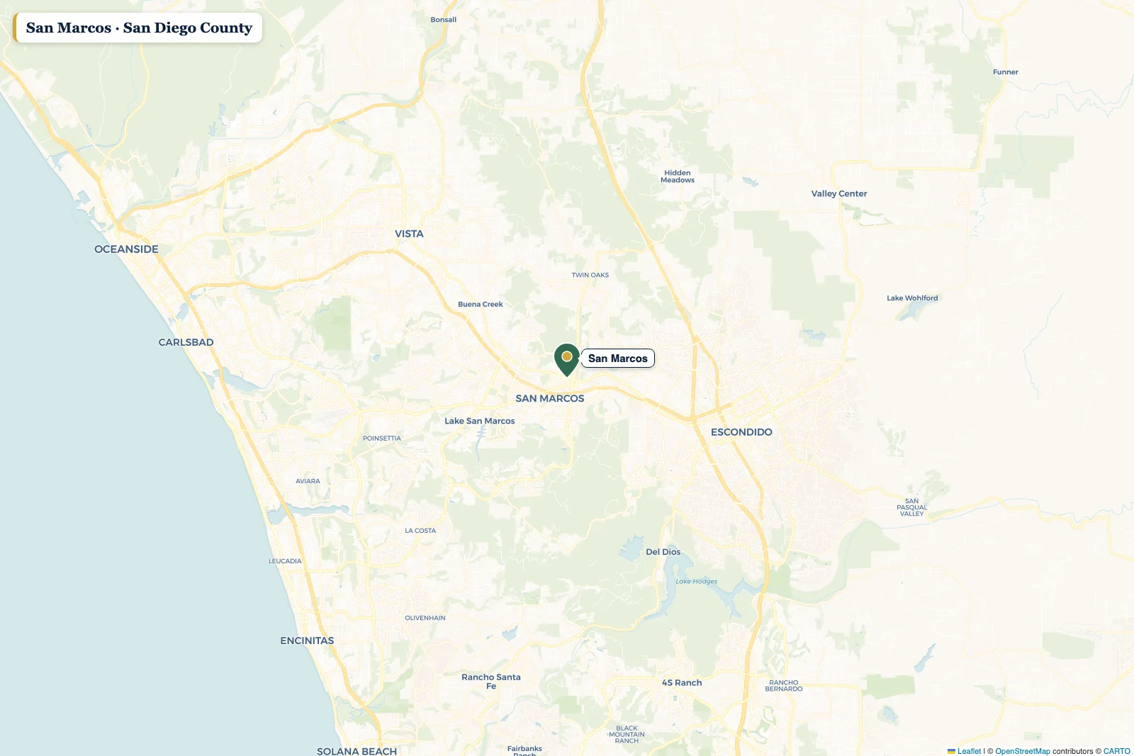 Map of San Diego County with a pin on San Marcos