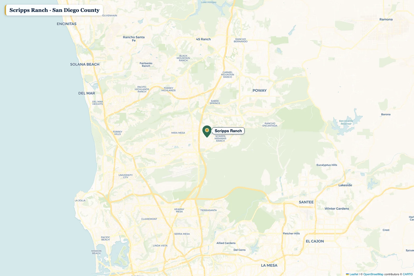 Map of San Diego County with a pin on Scripps Ranch