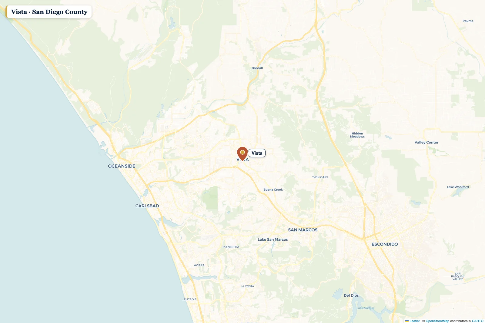 Map of San Diego County with a pin on Vista